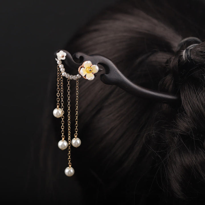 Buddha Stones Ebony Shell Flower Pearl Tassel Blessing Hairpin - image 3