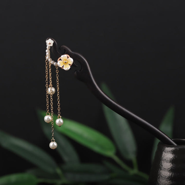 Buddha Stones Ebony Shell Flower Pearl Tassel Blessing Hairpin - image 1