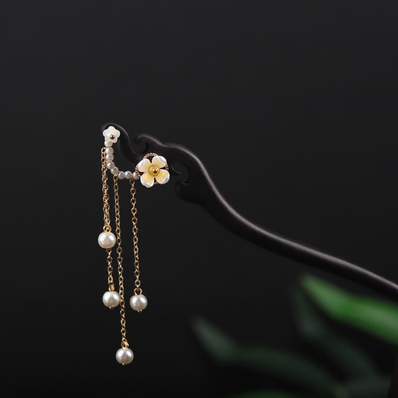 Buddha Stones Ebony Shell Flower Pearl Tassel Blessing Hairpin - Ebony Hairpin - image 0