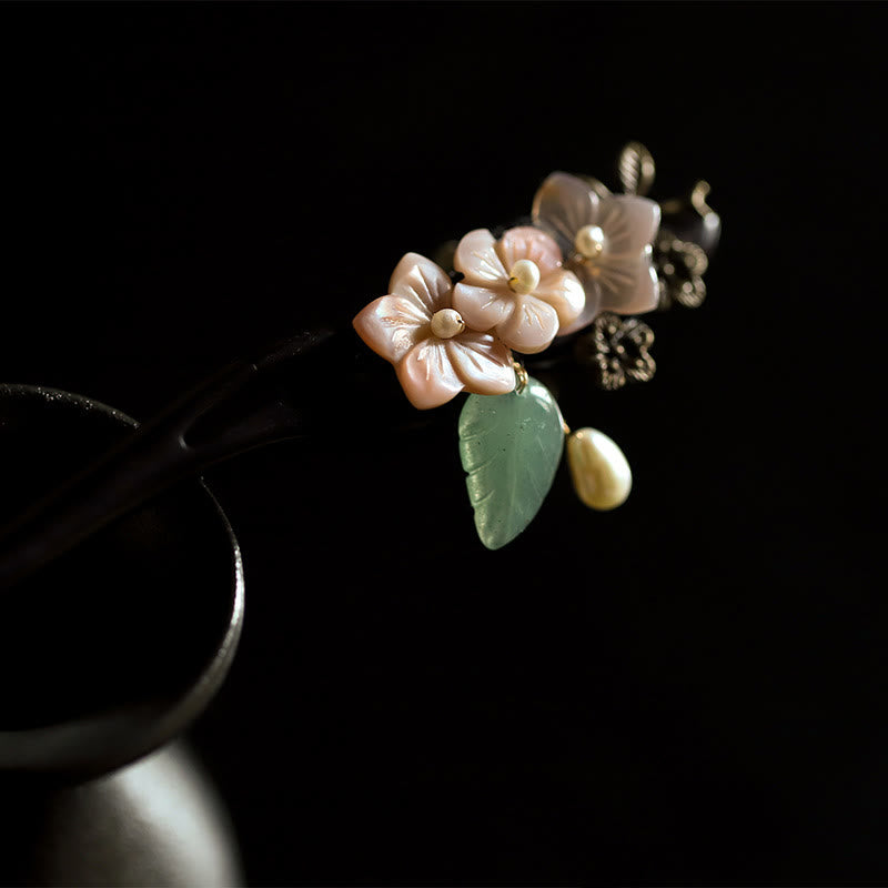 Buddha Stones Ebony Shell Flower Leaves Blessing Hairpin - image 1