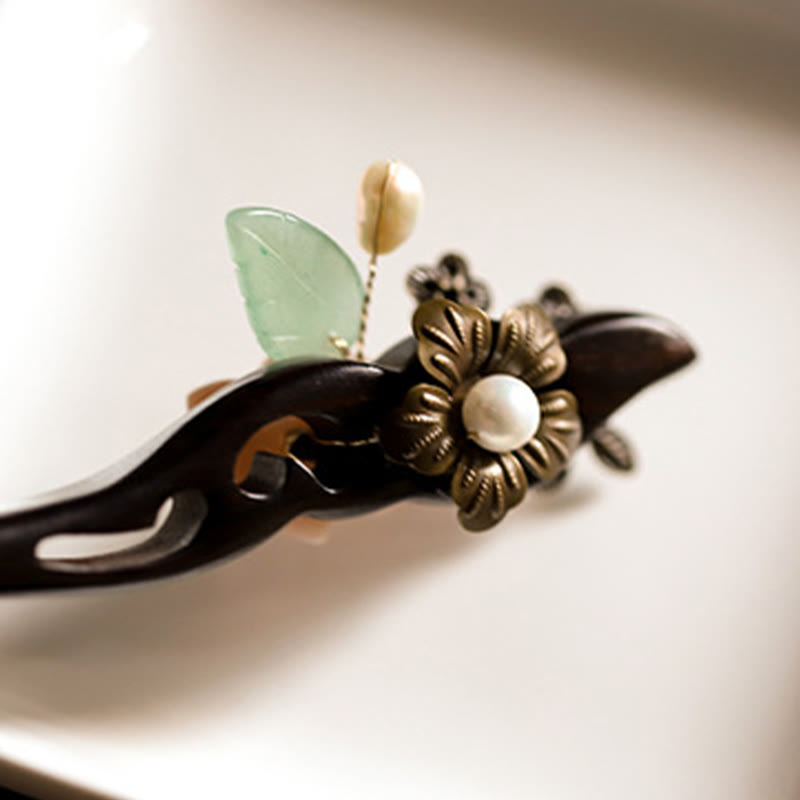 Buddha Stones Ebony Shell Flower Leaves Blessing Hairpin - image 2