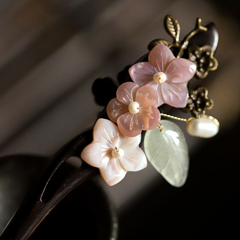 Buddha Stones Ebony Shell Flower Leaves Blessing Hairpin - image 7