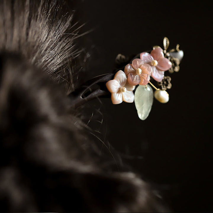 Buddha Stones Ebony Shell Flower Leaves Blessing Hairpin - image 4