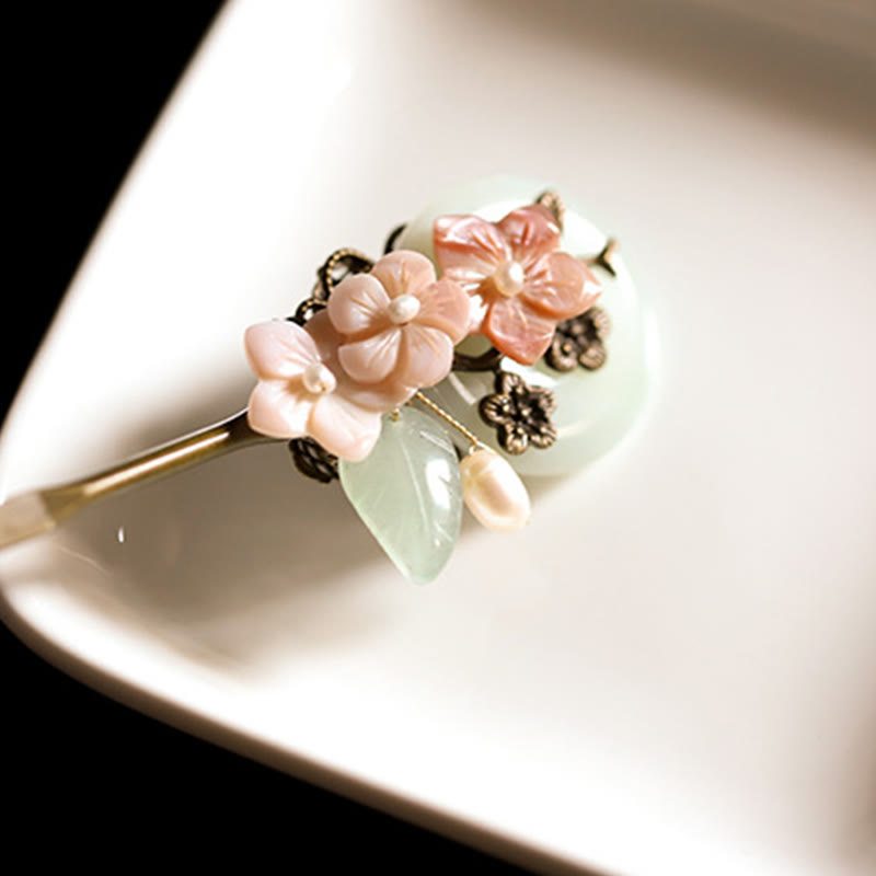 Buddha Stones Copper Jade Shell Flower Leaves Luck Hairpin - image 3