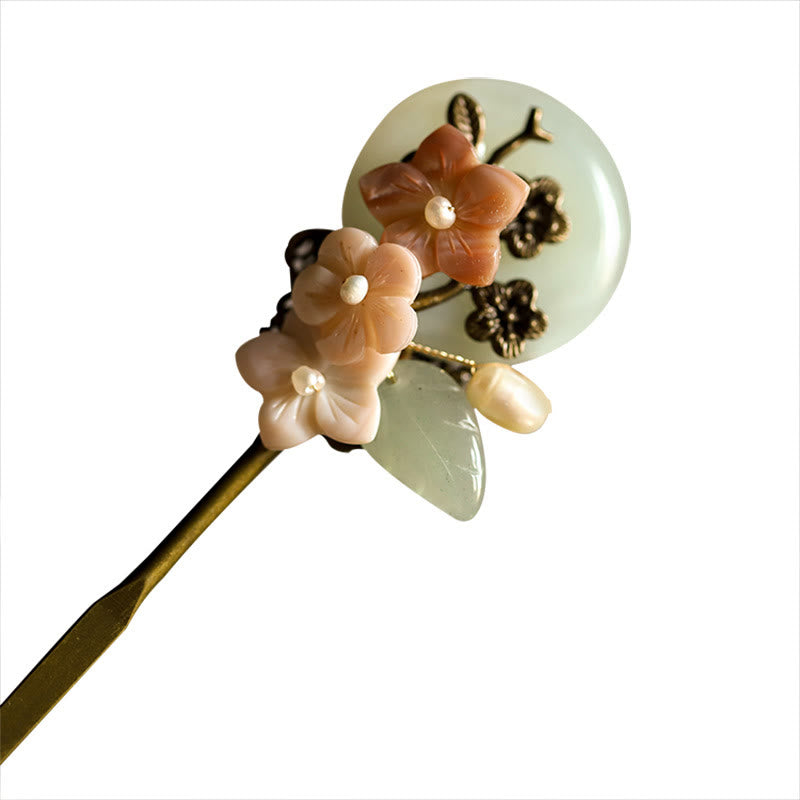 Buddha Stones Copper Jade Shell Flower Leaves Luck Hairpin - image 9