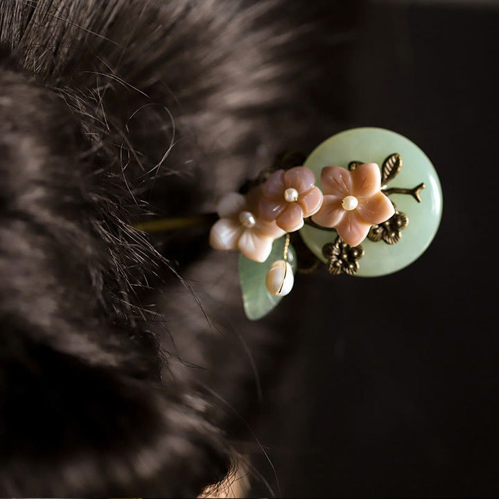 Buddha Stones Copper Jade Shell Flower Leaves Luck Hairpin - image 4