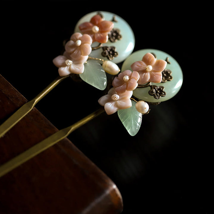 Buddha Stones Copper Jade Shell Flower Leaves Luck Hairpin - image 7
