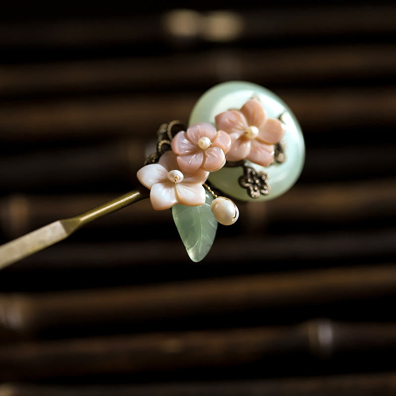 Buddha Stones Copper Jade Shell Flower Leaves Luck Hairpin - image 2