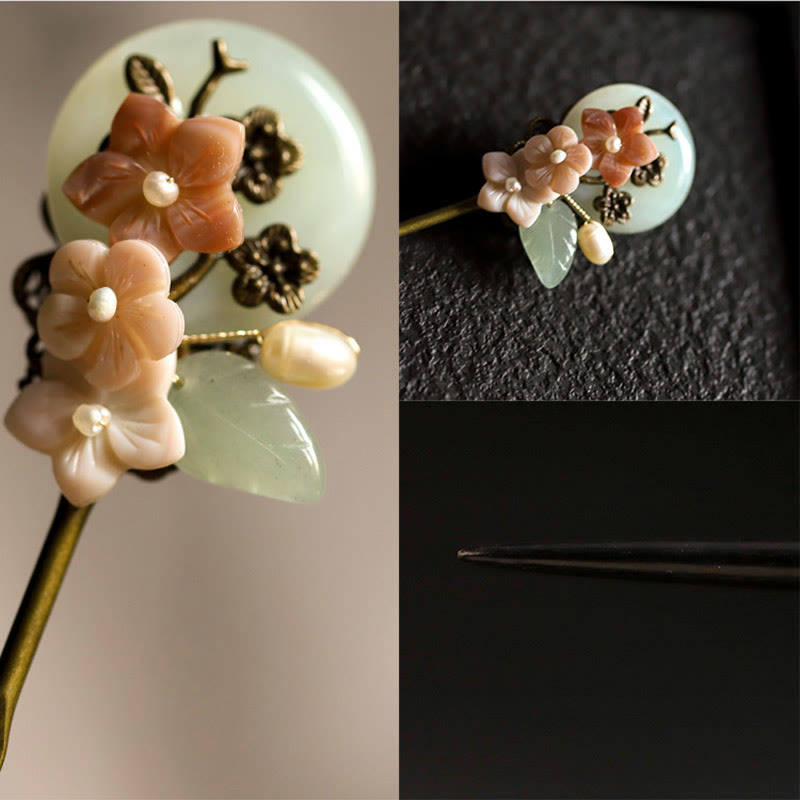 Buddha Stones Copper Jade Shell Flower Leaves Luck Hairpin - image 8