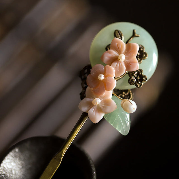 Buddha Stones Copper Jade Shell Flower Leaves Luck Hairpin - Copper Hairpin - image 0