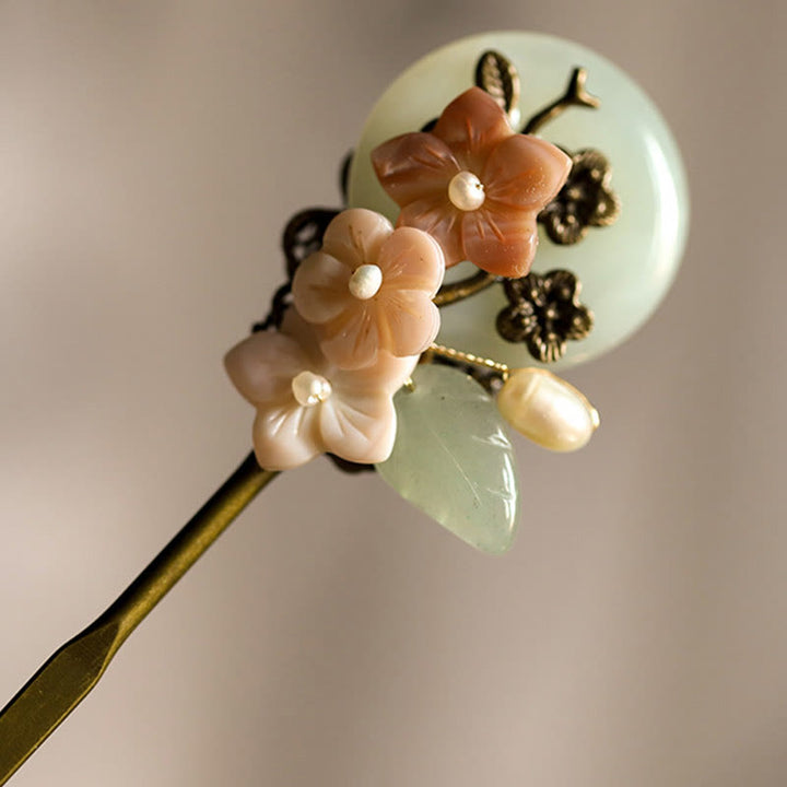 Buddha Stones Copper Jade Shell Flower Leaves Luck Hairpin - image 1