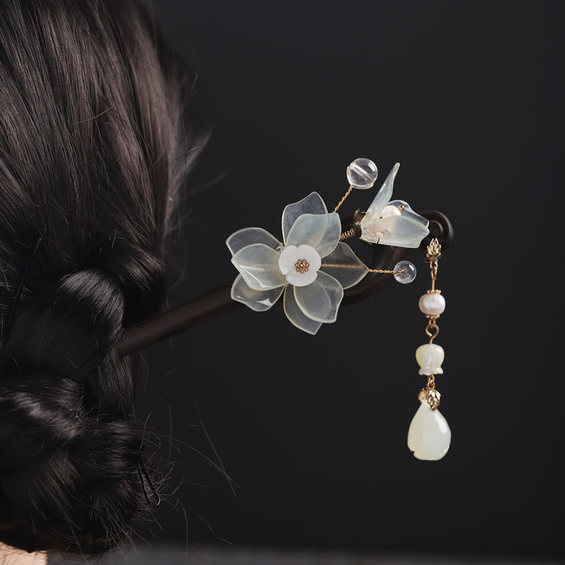 Buddha Stones Ebony Jade Shell Magnolia Tassel Blessing Hairpin - Ebony Hairpin - image 0