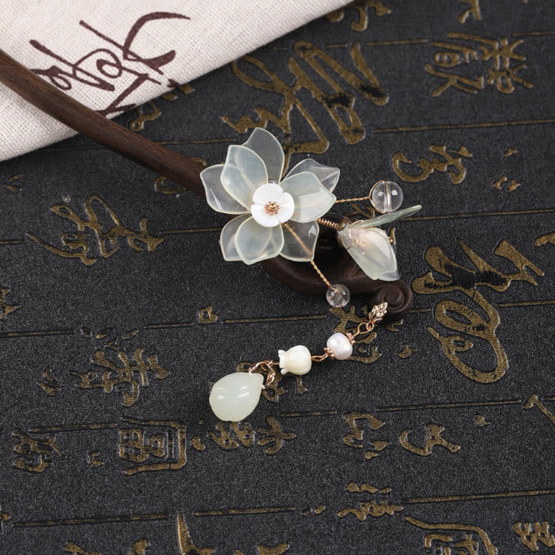 Buddha Stones Ebony Jade Shell Magnolia Tassel Blessing Hairpin - image 10