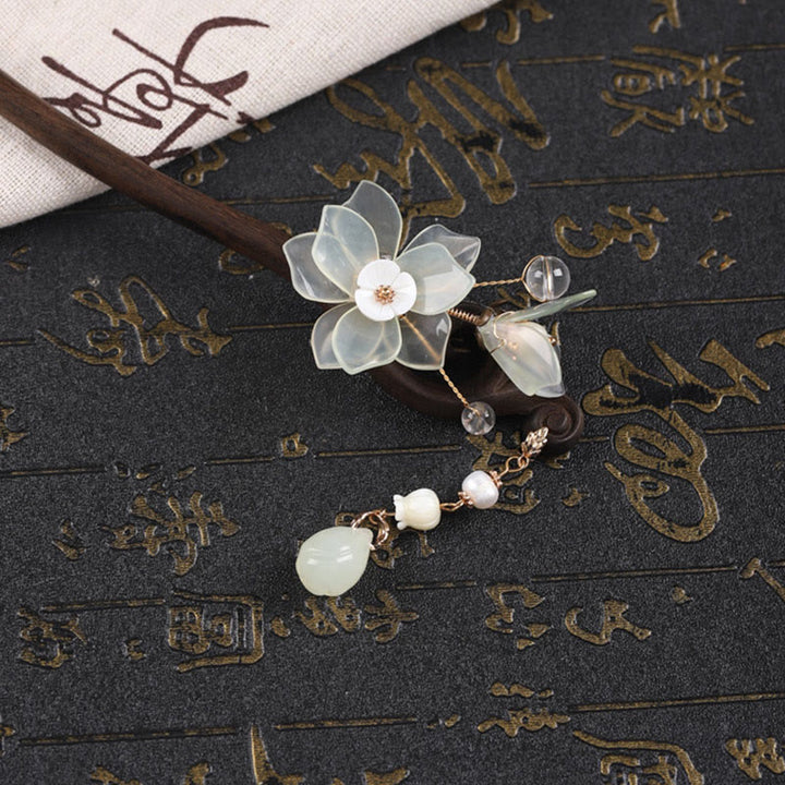 Buddha Stones Ebony Jade Shell Magnolia Tassel Blessing Hairpin - image 10