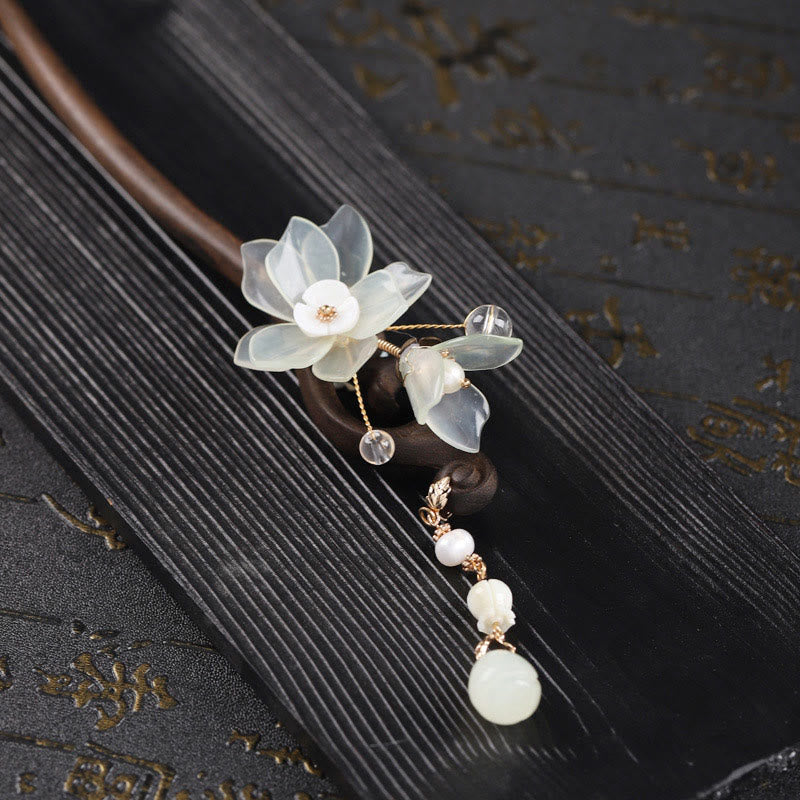 Buddha Stones Ebony Jade Shell Magnolia Tassel Blessing Hairpin - image 12