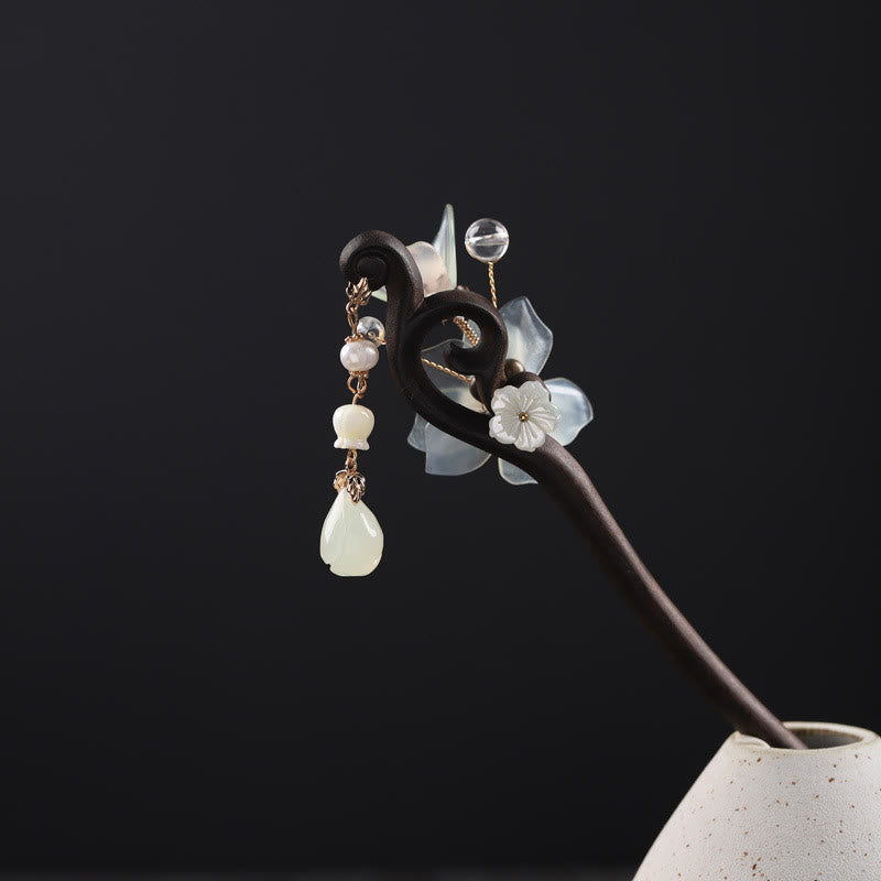 Buddha Stones Ebony Jade Shell Magnolia Tassel Blessing Hairpin - image 8