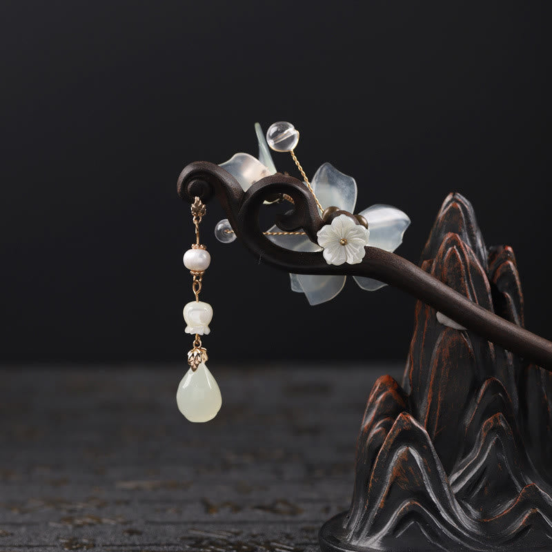 Buddha Stones Ebony Jade Shell Magnolia Tassel Blessing Hairpin - image 3