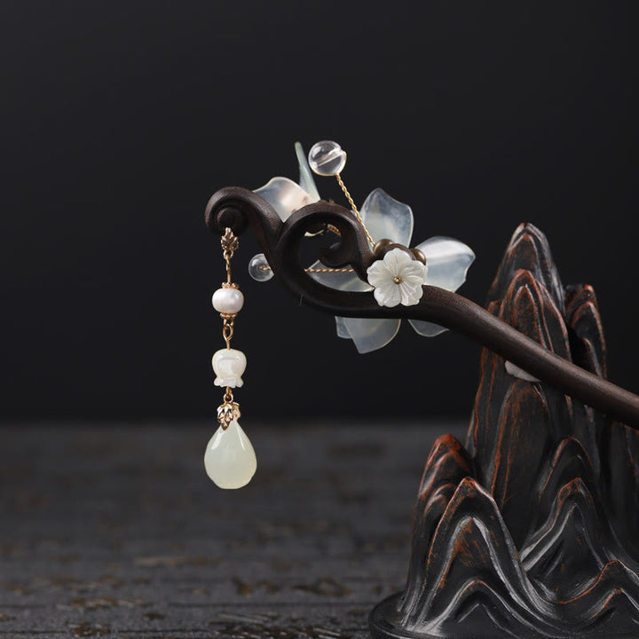 Buddha Stones Ebony Jade Shell Magnolia Tassel Blessing Hairpin - image 3