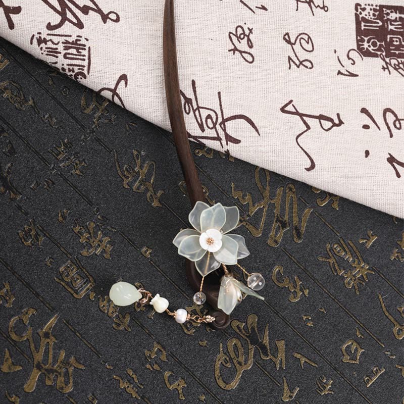 Buddha Stones Ebony Jade Shell Magnolia Tassel Blessing Hairpin - image 2