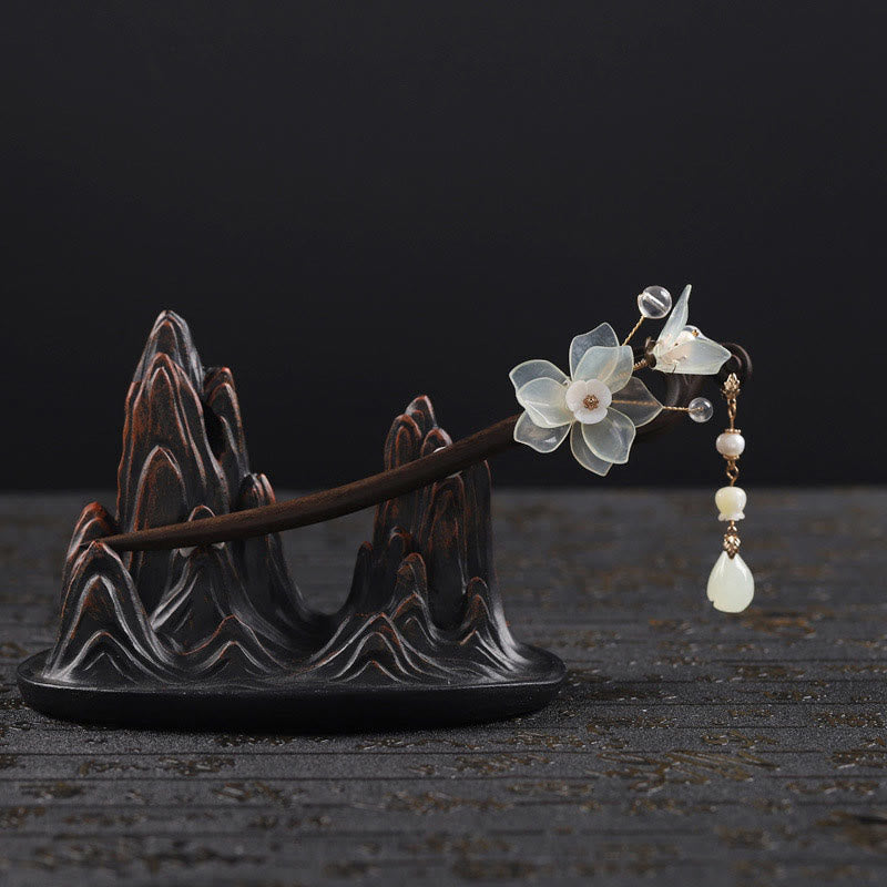 Buddha Stones Ebony Jade Shell Magnolia Tassel Blessing Hairpin - image 9