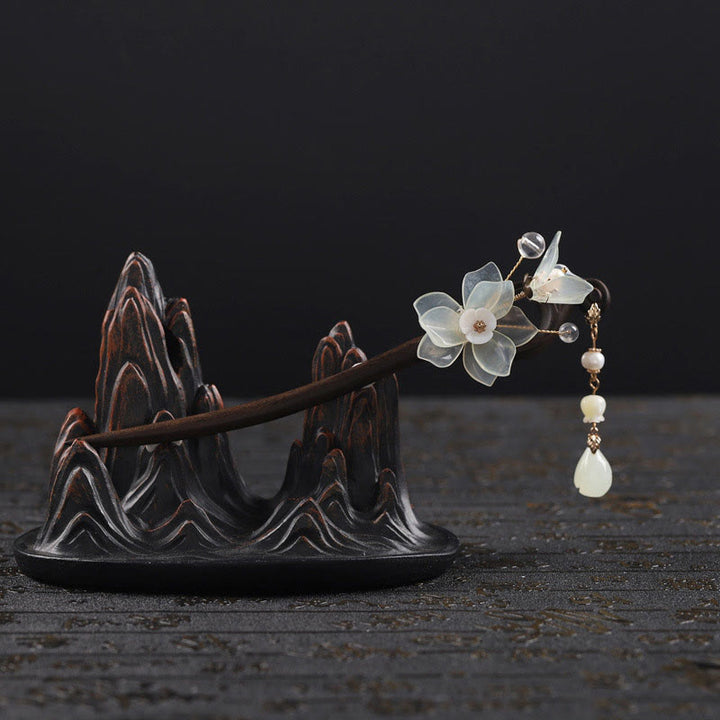 Buddha Stones Ebony Jade Shell Magnolia Tassel Blessing Hairpin - image 9