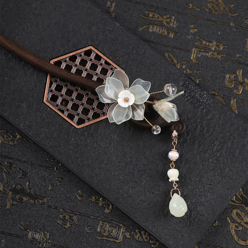 Buddha Stones Ebony Jade Shell Magnolia Tassel Blessing Hairpin - image 4