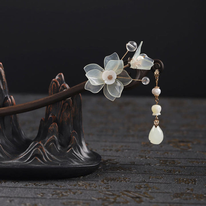 Buddha Stones Ebony Jade Shell Magnolia Tassel Blessing Hairpin - image 11