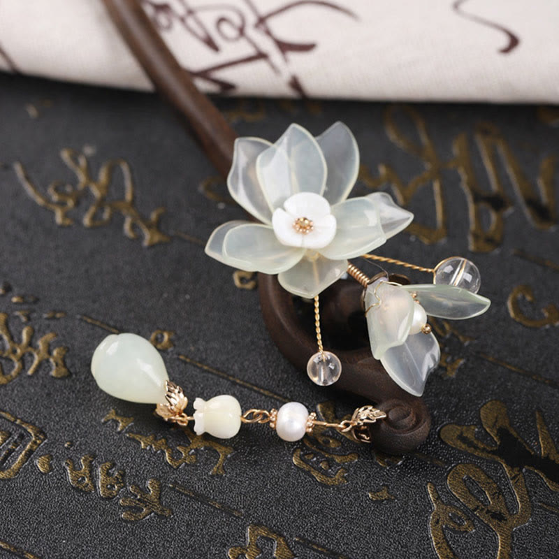 Buddha Stones Ebony Jade Shell Magnolia Tassel Blessing Hairpin - image 13
