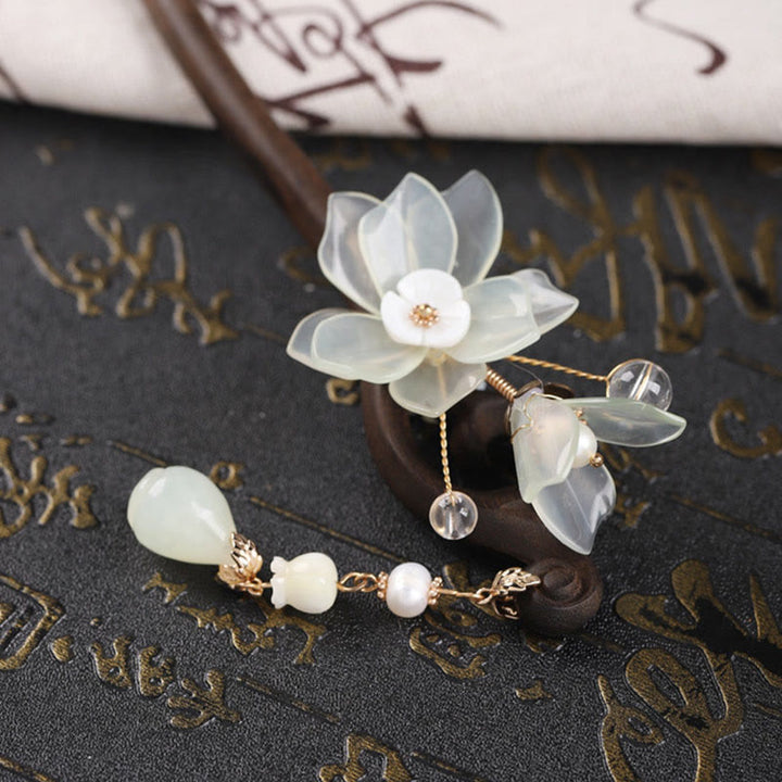Buddha Stones Ebony Jade Shell Magnolia Tassel Blessing Hairpin - image 13