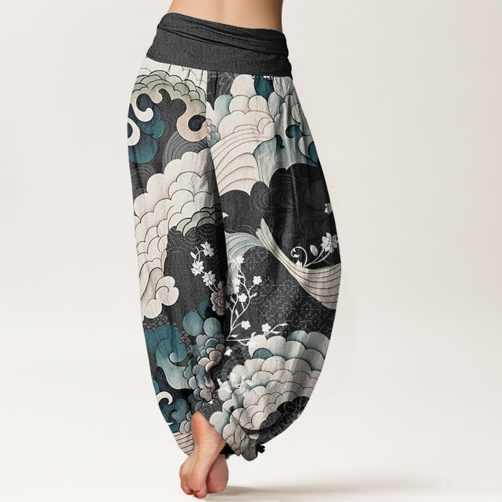 Buddha Stones Flower Wave Pattern Women's Elastic Waist Harem Pants - image 5