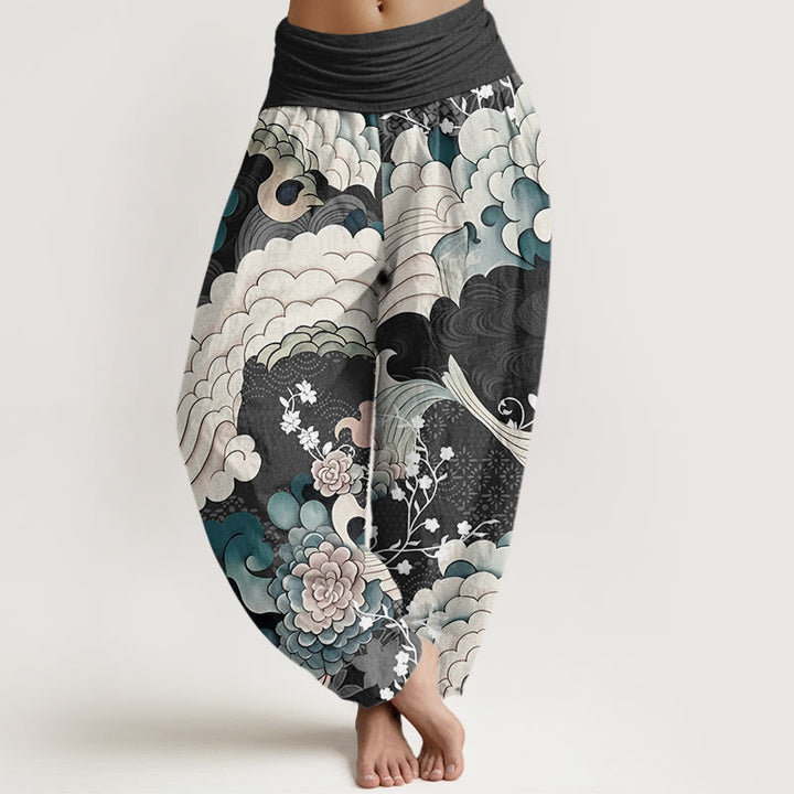 Buddha Stones Flower Wave Pattern Women's Elastic Waist Harem Pants - Black - US22,UK/AU26,EU54 (6XL) - image 4