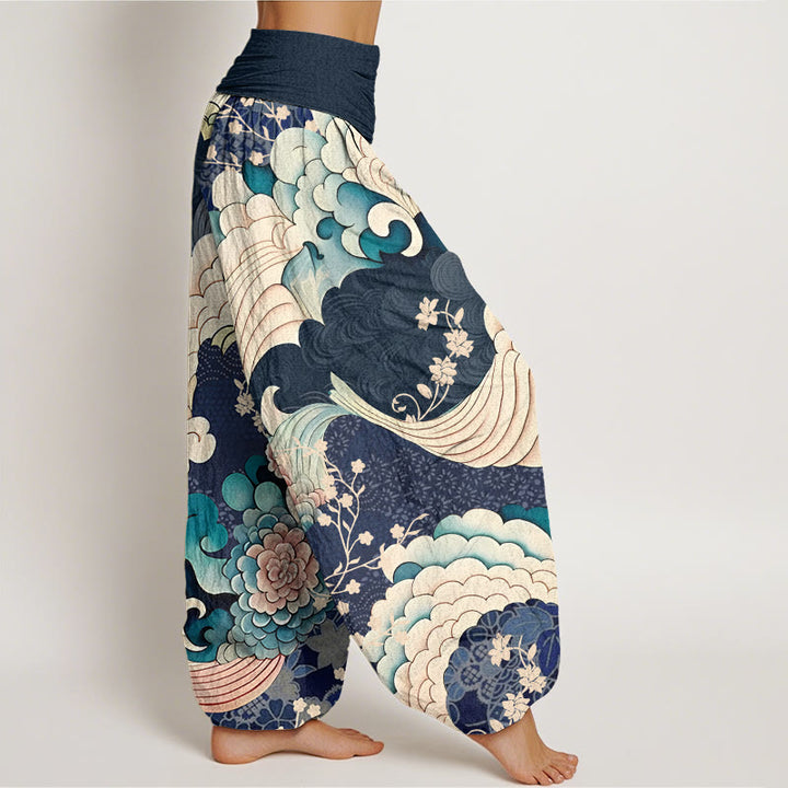 Buddha Stones Flower Wave Pattern Women's Elastic Waist Harem Pants - image 9