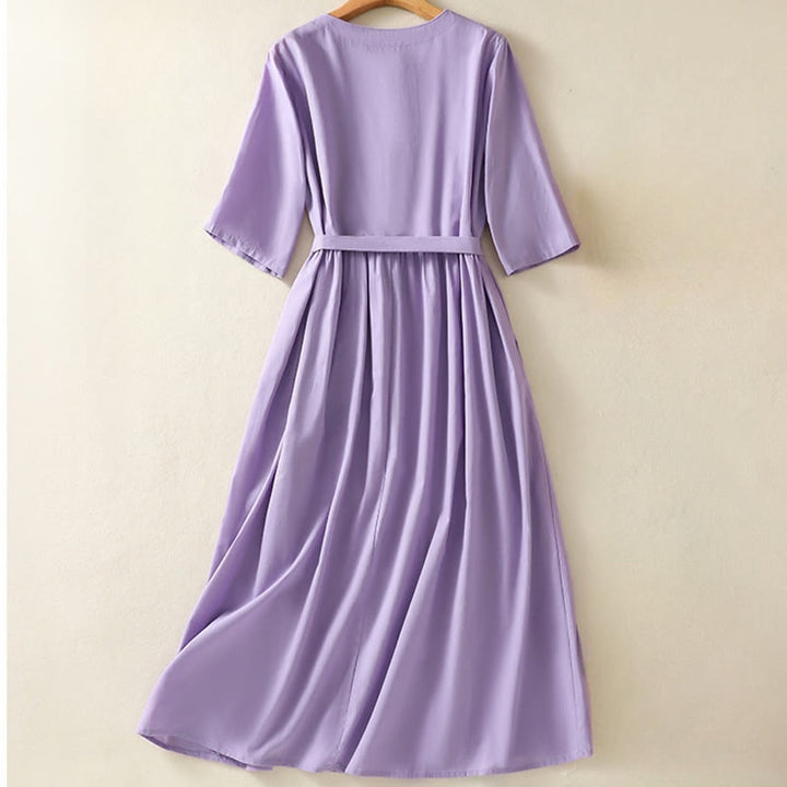 Buddha Stones Summer Orchid Embroidery Lace-Up V-Neck Half Sleeve Cotton Linen Midi Dress With Pockets - image 1