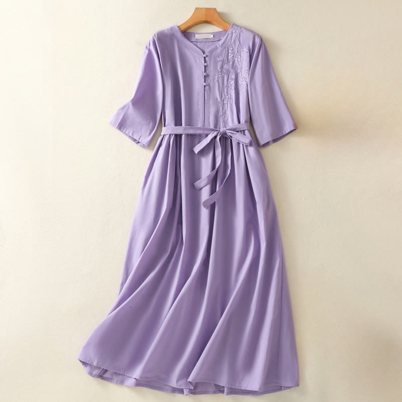 Buddha Stones Summer Orchid Embroidery Lace-Up V-Neck Half Sleeve Cotton Linen Midi Dress With Pockets - Orchid - US8-10,UK/AU12-14,EU40-42 (2XL) - image 0