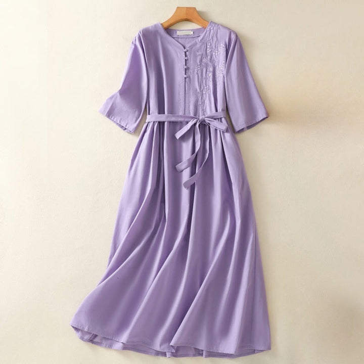 Buddha Stones Summer Orchid Embroidery Lace-Up V-Neck Half Sleeve Cotton Linen Midi Dress With Pockets - Orchid - US8-10,UK/AU12-14,EU40-42 (2XL) - image 0