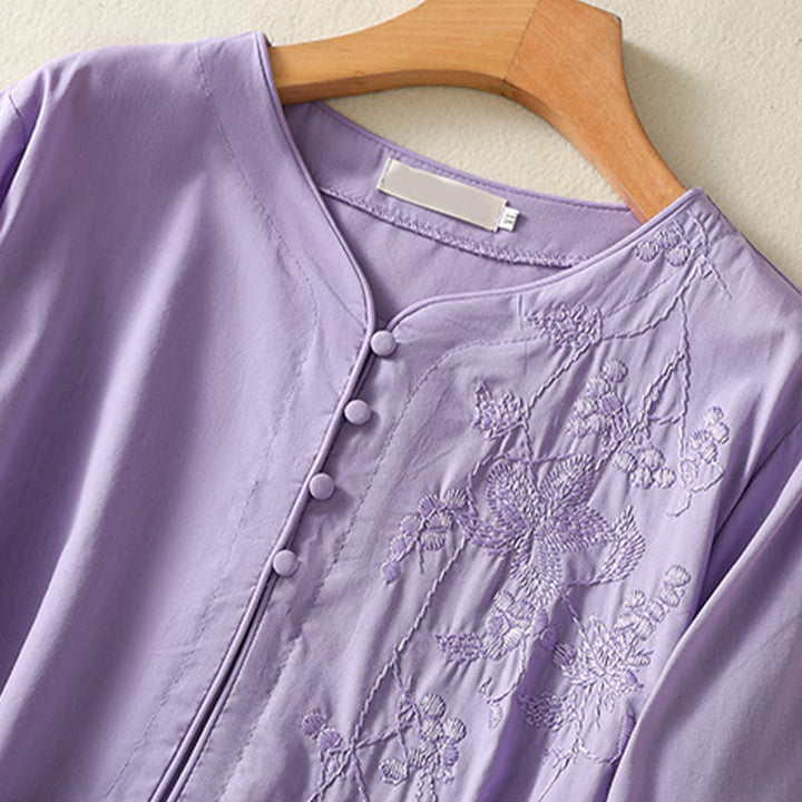 Buddha Stones Summer Orchid Embroidery Lace-Up V-Neck Half Sleeve Cotton Linen Midi Dress With Pockets - image 3