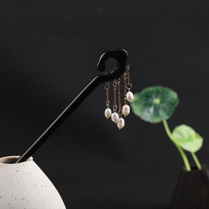 Buddha Stones Ebony Auspicious Cloud Pearl Tassel Protection Hairpin - image 3