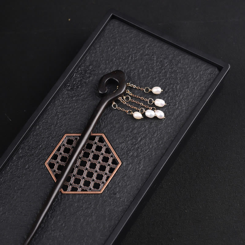 Buddha Stones Ebony Auspicious Cloud Pearl Tassel Protection Hairpin - image 4