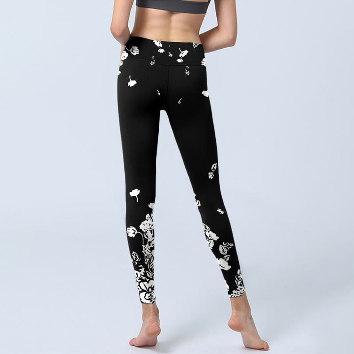 Buddha Stones Black Scattered Petals Print Gym Leggings Women's Yoga Pants - image 6
