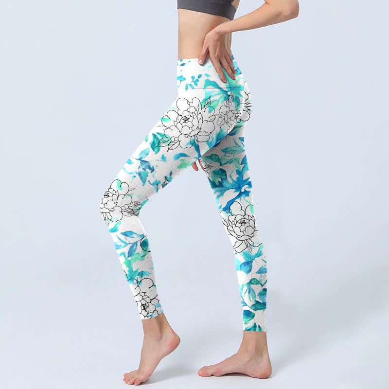 Buddha Stones Blue Watercolor Peony Flowers Lines Pattern Print Gym Leggings Women's Yoga Pants - image 2