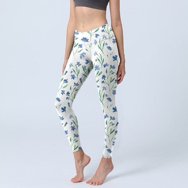 Buddha Stones White Flowers Leaf Pattern Print Gym Leggings Women's Yoga Pants - AliceBlue - US18,UK/AU22,EU50 (4XL) - image 0