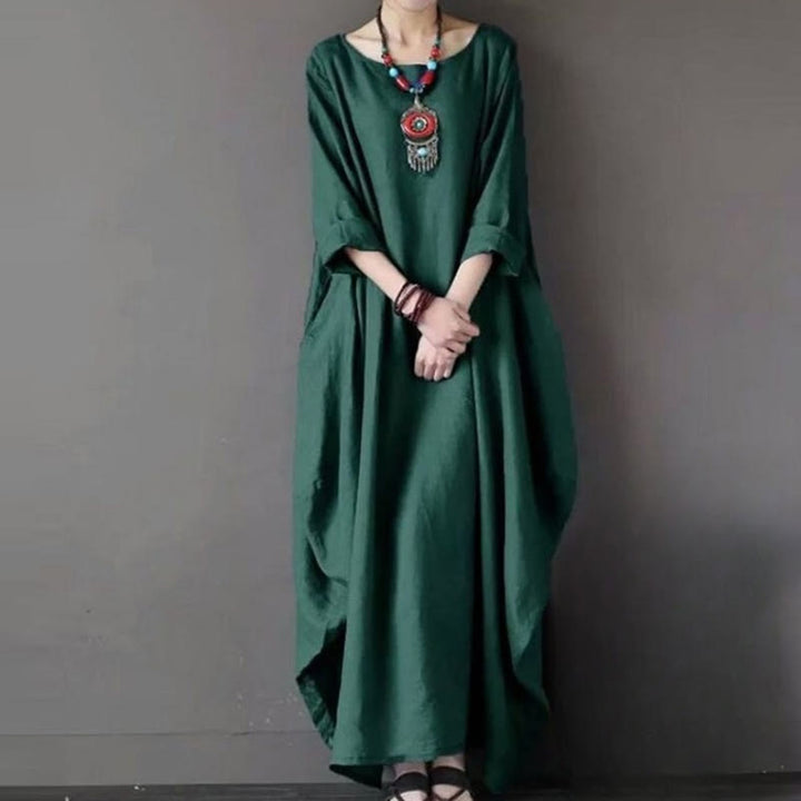 Buddha Stones Solid Color Three Quarter Sleeve Cotton Women's Maxi Dress - DarkGreen - US16,UK/AU20,EU48 (5XL) - image 8