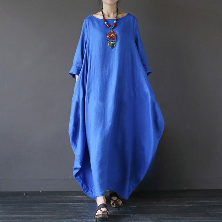 Buddha Stones Solid Color Three Quarter Sleeve Cotton Women's Maxi Dress - Blue - US16,UK/AU20,EU48 (5XL) - image 9