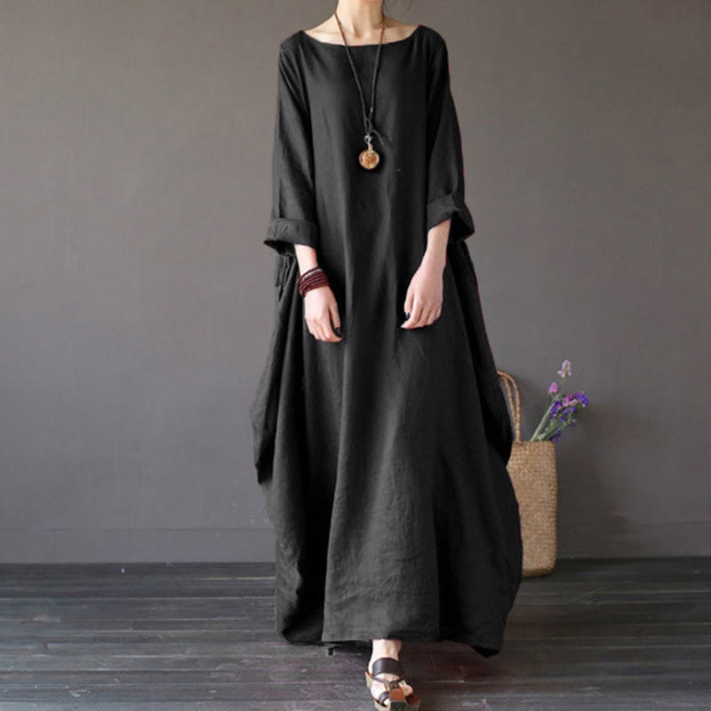 Buddha Stones Solid Color Three Quarter Sleeve Cotton Women's Maxi Dress - Black - US16,UK/AU20,EU48 (5XL) - image 11