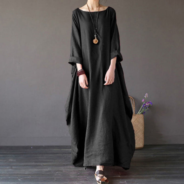 Buddha Stones Solid Color Three Quarter Sleeve Cotton Women's Maxi Dress - Black - US16,UK/AU20,EU48 (5XL) - image 11