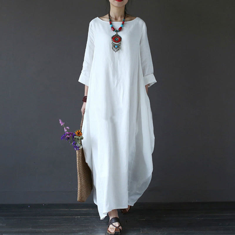 Buddha Stones Solid Color Three Quarter Sleeve Cotton Women's Maxi Dress - White - US16,UK/AU20,EU48 (5XL) - image 0