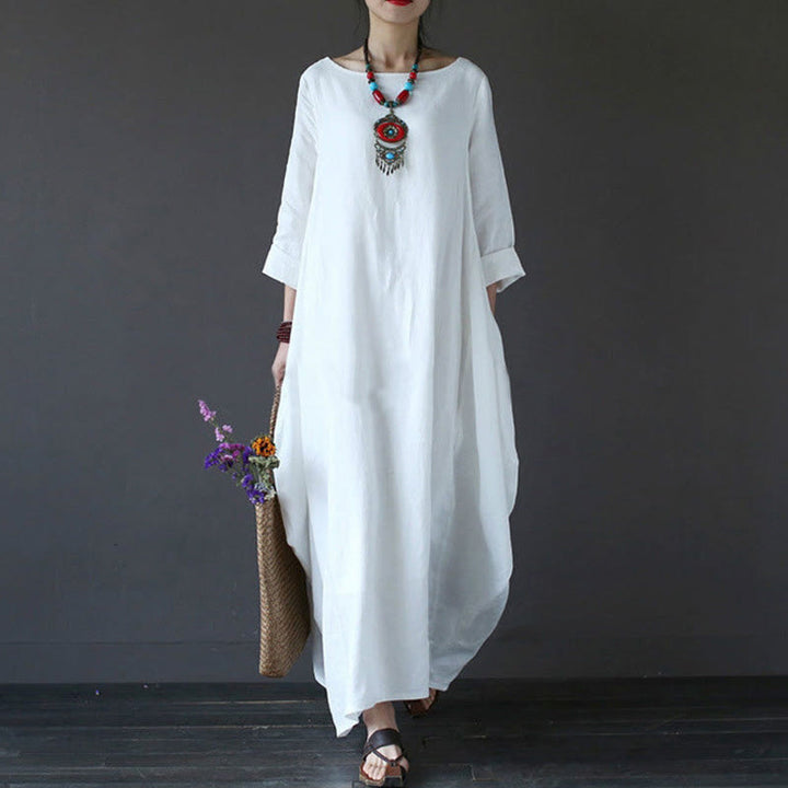 Buddha Stones Solid Color Three Quarter Sleeve Cotton Women's Maxi Dress - White - US16,UK/AU20,EU48 (5XL) - image 0