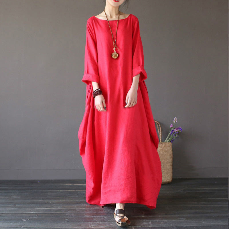 Buddha Stones Solid Color Three Quarter Sleeve Cotton Women's Maxi Dress - Red - US16,UK/AU20,EU48 (5XL) - image 5