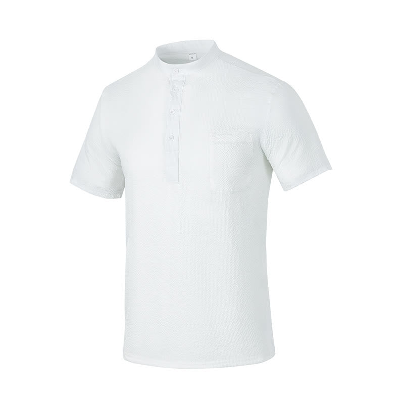 Buddha Stones Solid Color Polo Plaid Half Buttons Men's Short Sleeve Shirt - White - US/UK/AU46,EU56 (3XL) - image 27