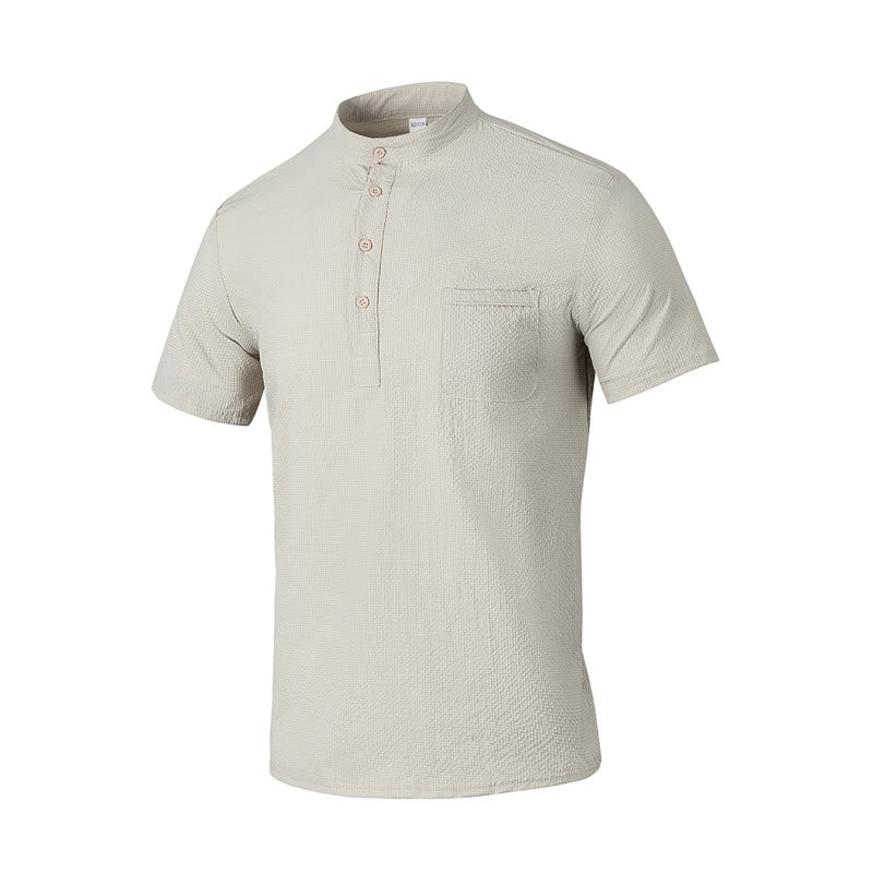 Buddha Stones Solid Color Polo Plaid Half Buttons Men's Short Sleeve Shirt - Beige - US/UK/AU46,EU56 (3XL) - image 26